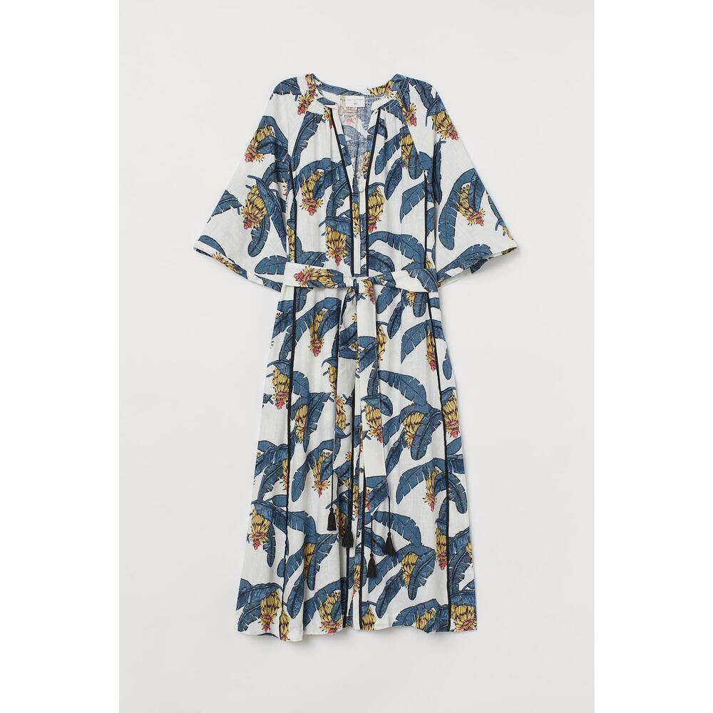 Desmond & Dempsey Linen-Blend Tropical Banana Leaf Midi Kaftan Dress S Resort - Picture 10 of 10